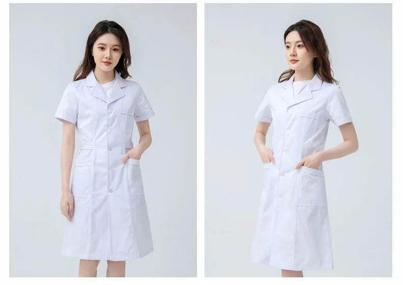Hospital Clinical Uniforms Scrubs Lab Coat Pharmacy Short Sleeve Nurse Doctor Dress Medical Robe Women White Coat