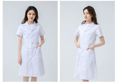 Hospital Clinical Uniforms Scrubs Lab Coat Pharmacy Short Sleeve Nurse Doctor Dress Medical Robe Women White Coat