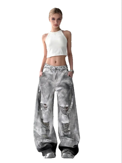Women's Grey Ripped Jeans Cargo Baggy Y2K Harajuku High Street Aesthetic 2000S Style Fashion 90s Retro Loose Jeans 2025 New