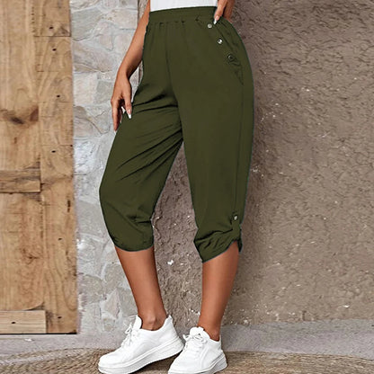 Women Elastic Waist Casual Trousers Bottom Elegant Office Lady Loose Cropped Pants