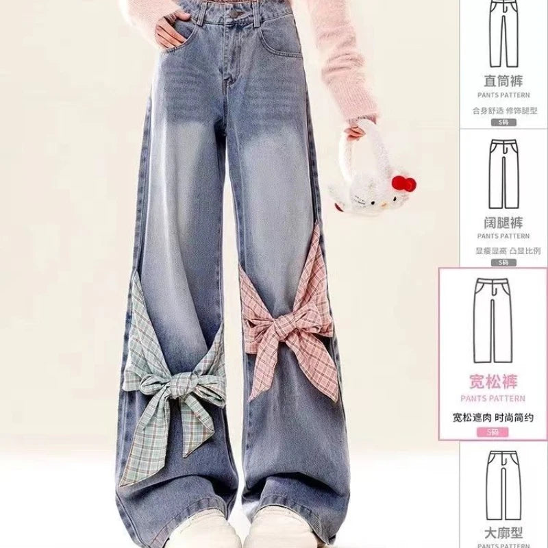 Gothic checkered patchwork women jeans with bow tie and loose wide leg pants