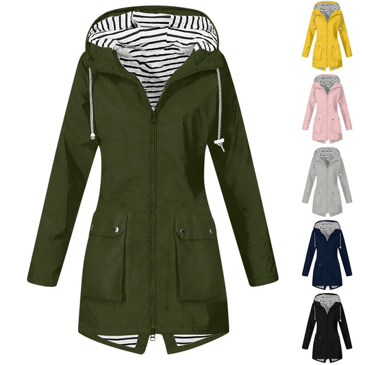 Hooded Lightweight Long Sleeve Windbreaker Zip Up Drawstring Windproof Raincoat Plus Size Long Coat Outdoor