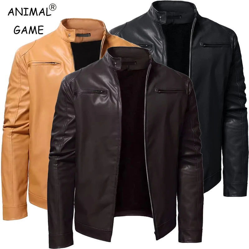 Mens Stand Collar Jacket Coat Black Leather Motorcycle Jacket Solid Color Zipper