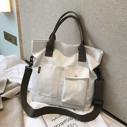 Fashion Canvas Bags Students Handbag Shoulder Bag Large Capacity Solid Color Totes Shopper Bag Casual Female CrossBody 2024