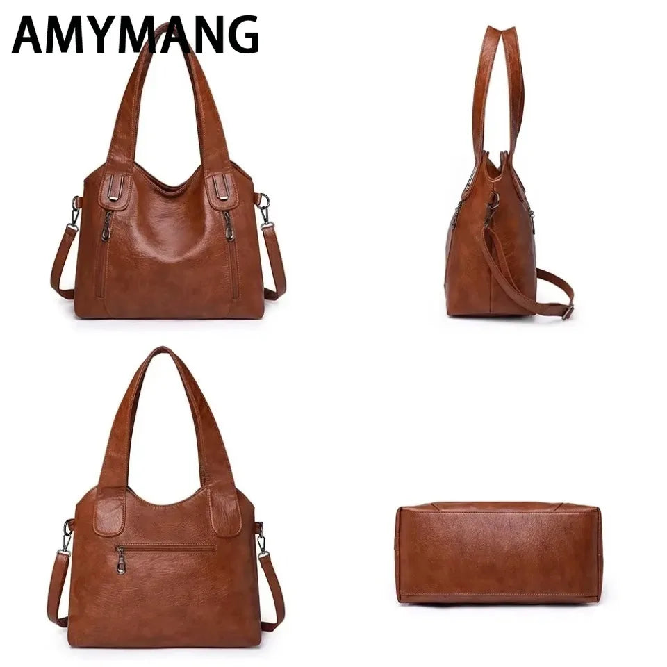 Solid Color Handbag Soft Leather Tote Bag Casual Big Shoulder Messenger Bags