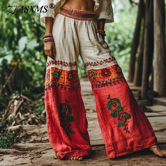 Floral Print Women Pants Lace-up Loose Casual Wide Leg Pant