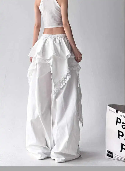 Y2K Black Cargo Pants Women Lace Patchwork White Wide Leg Pants