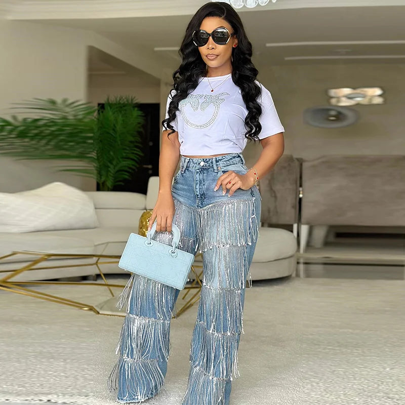 Sparkling Fringes Embellished Wide Leg Jeans Women Trendy Silver Tassel Denim Pants