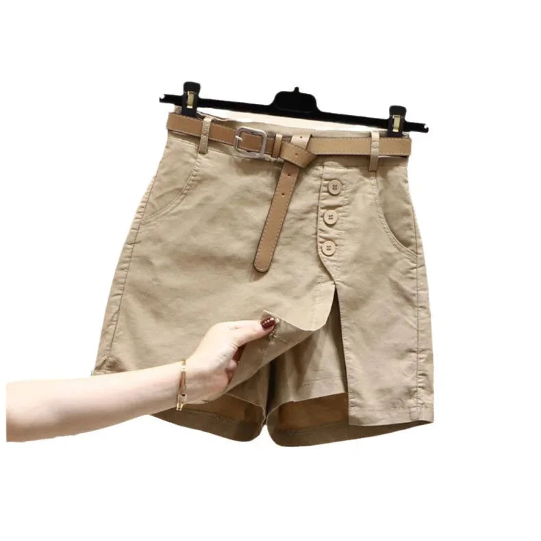 Cotton Shorts High Waist A- Line Skirt with Belt Pure Cotton Pants