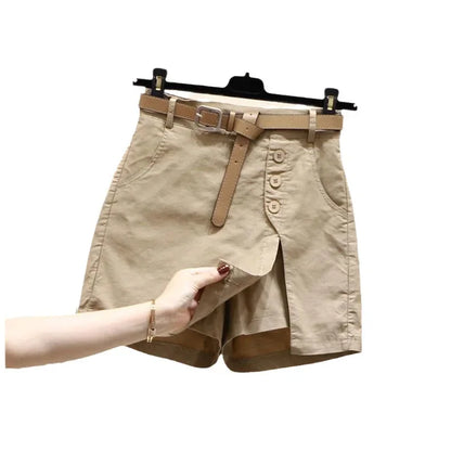 Cotton Shorts High Waist A- Line Skirt with Belt Pure Cotton Pants