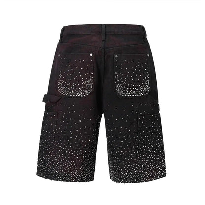 Streetwear Sequin Denim Shorts Y2K Raw Hip Hop Retro Baggy Shorts Low Rise Over The Knee Pants Casual Shorts