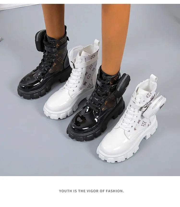 BLACK and White Ankel Boots Goth Platform Boots Snow Booties Woman