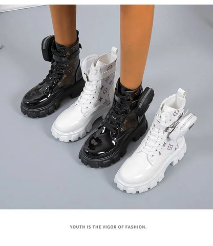 BLACK and White Ankel Boots Goth Platform Boots Snow Booties Woman