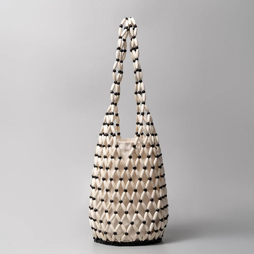 Women Hollow-out Bucket Bags Woven Hand Bag Wooden Bead Shoulder Bags Beach Top-Handle Bags Summer Netted Canvas Tote Handbag