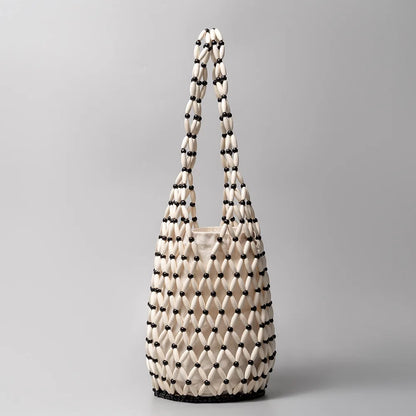 Women Hollow-out Bucket Bags Woven Hand Bag Wooden Bead Shoulder Bags Beach Top-Handle Bags Summer Netted Canvas Tote Handbag