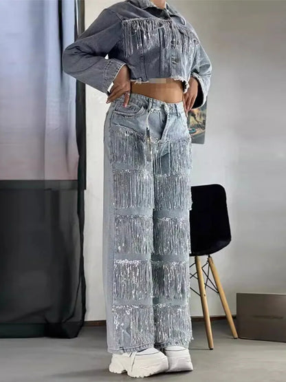 Sparkling Fringes Embellished Wide Leg Jeans Women Trendy Silver Tassel Denim Pants