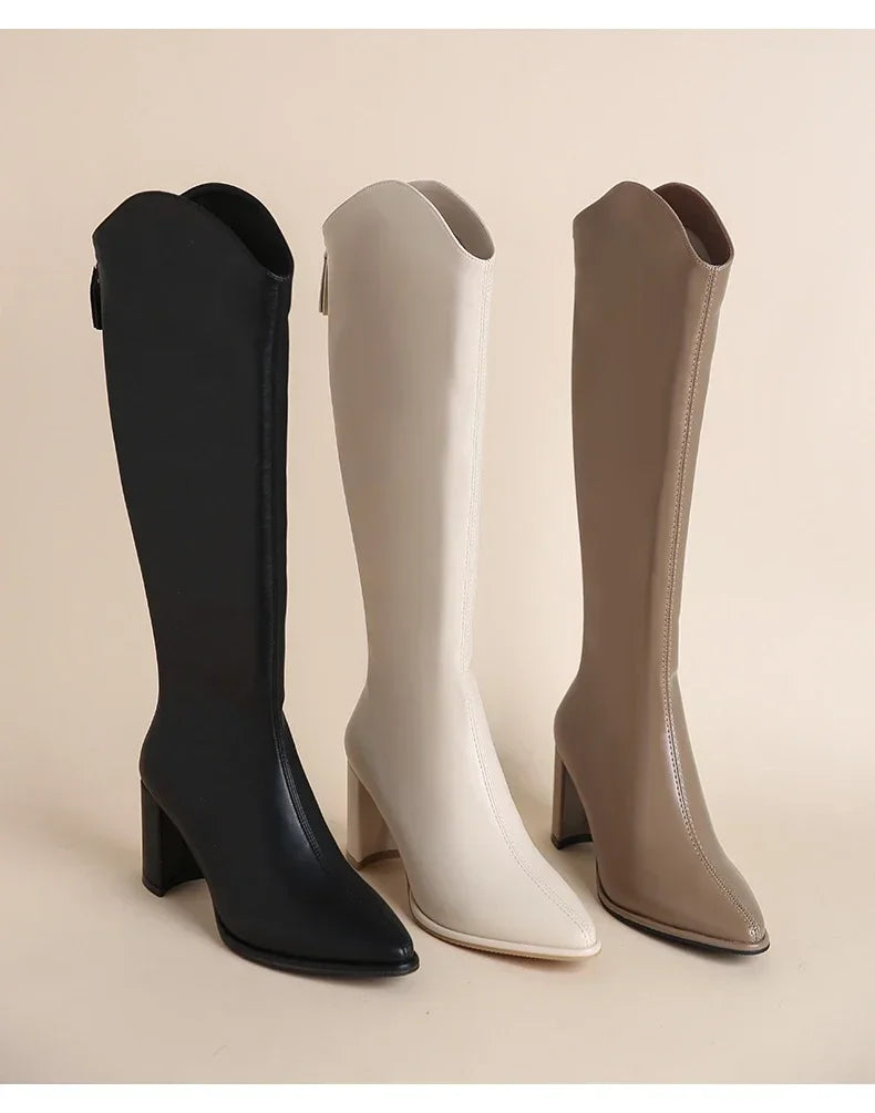 Zipper Thick High Heels Simple Thick High Heels Autumn Winter Boots Knee High