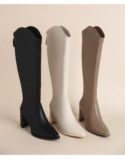 Zipper Thick High Heels Simple Thick High Heels Autumn Winter Boots Knee High