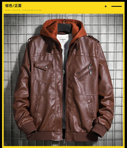 Hooded Leather Jacket Men's PU Leather Motorcycle Leather Coat
