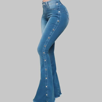 High Waist Strecth Denim Flare Pants Female Floor Length