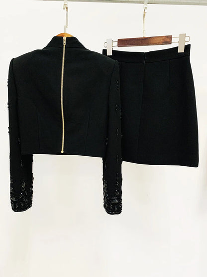 Long Sleeve Short Top and Mini Skirt Suit Outfit, Diamond Beaded Design,High Quality, 2 Pcs Set