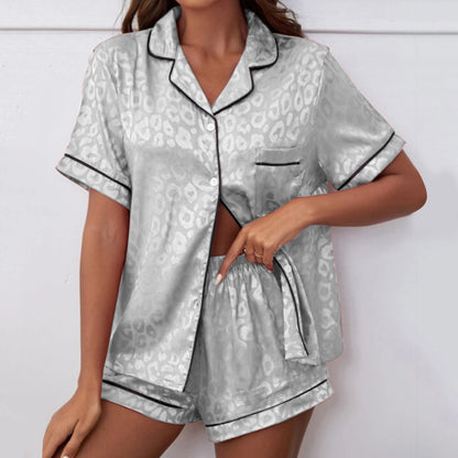 Womens Satin Printed Pajamas Sets Short Sleeved Lapel Silk