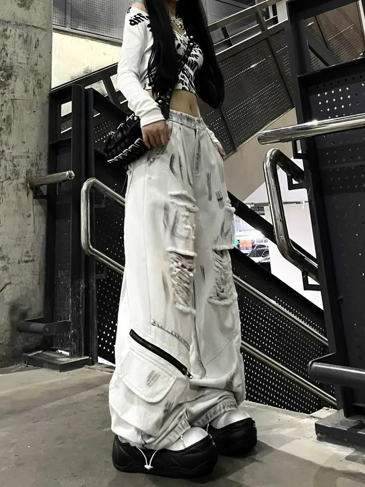 Women's White Ripped Cargo Baggy Jeans Y2K Oversize Japanese Harajuku High Street 2000S Style Aesthetic Vintage Jeans Clothing