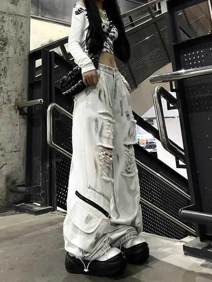Women's White Ripped Cargo Baggy Jeans Y2K Oversize Japanese Harajuku High Street 2000S Style Aesthetic Vintage Jeans Clothing