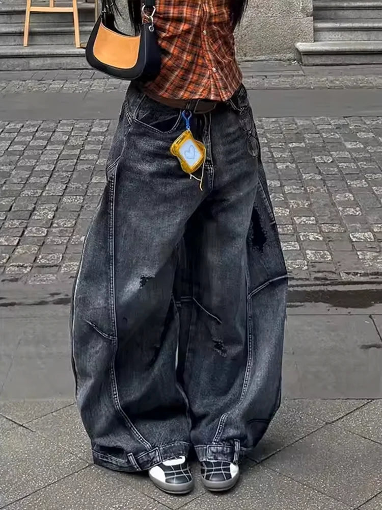 Women's Black Cargo Baggy Jeans Y2K American High Street 2000S Harajuku Aesthetic Vintage 90S Jeans Pants Trousers Clothing 2025