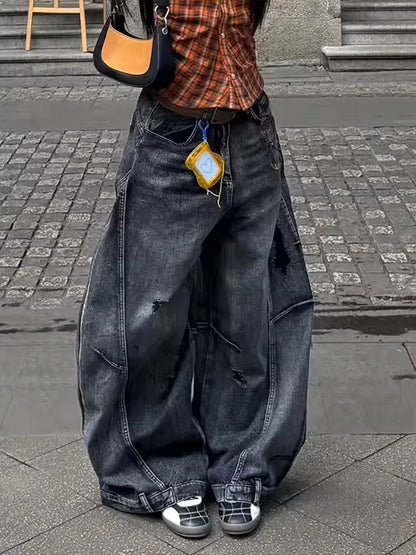 Women's Black Cargo Baggy Jeans Y2K American High Street 2000S Harajuku Aesthetic Vintage 90S Jeans Pants Trousers Clothing 2025