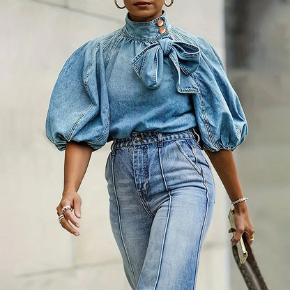 Women Denim Top Turtleneck Splice Puff Sleeve Shirts Loose Solid Pullovers Casual