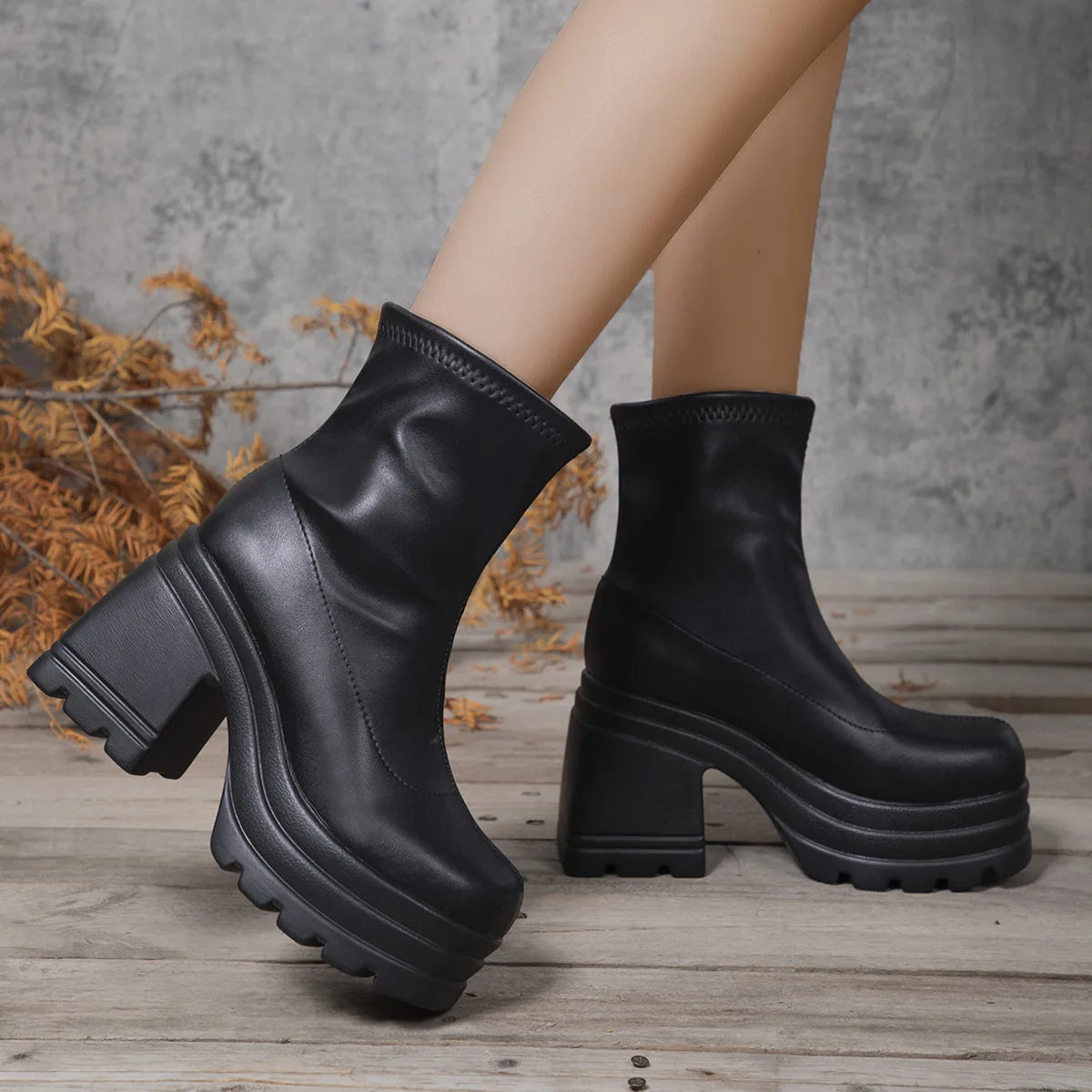 Short Boots Women Leather Boot Square toe casual Zipper high heels Casual thick soled