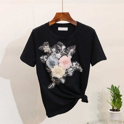 Women Two Piece Outfits 3D Flower Embroidery T Shirt Cropped Ripped Jeans