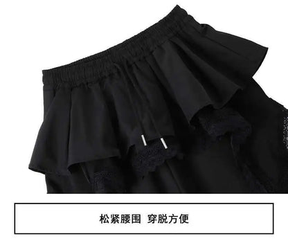Y2K Black Cargo Pants Women Lace Patchwork White Wide Leg Pants
