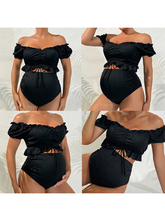 Maternity Tankini Swimsuit High Waisted 2 Pieces Bikini Set Solid Color Off Shoulder
