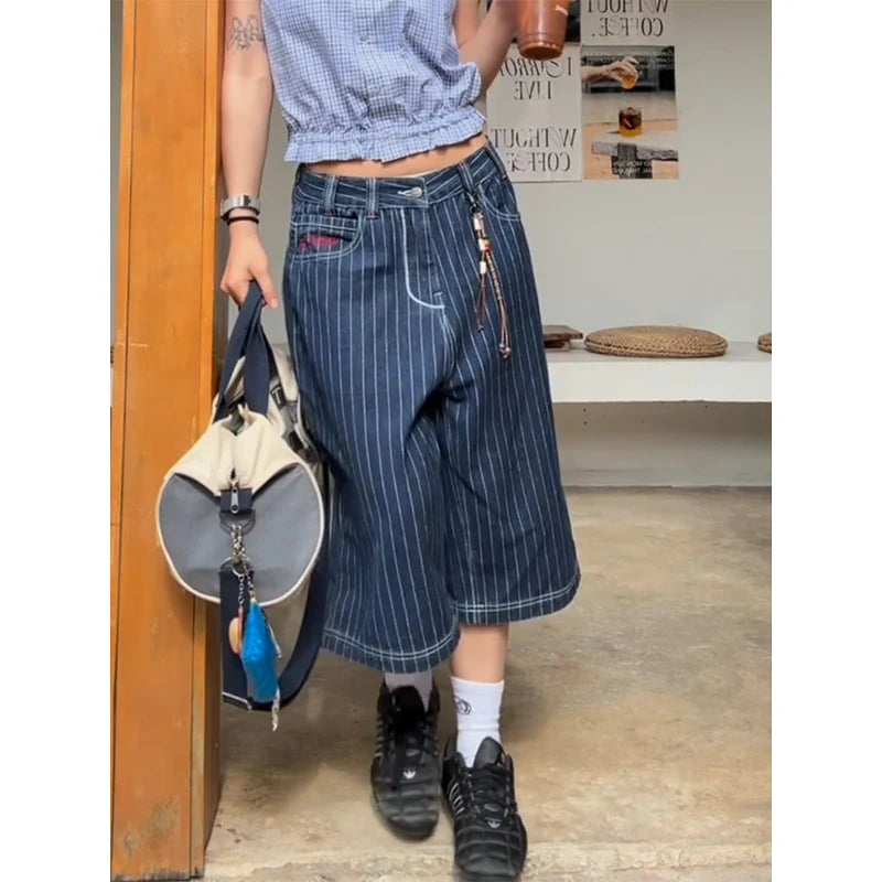 Women's Light Blue Calf Length Cargo Jeans Harajuku Y2k Baggy Denim Trousers Japanese 2000s Oversize Jean Pants Vintage Clothes