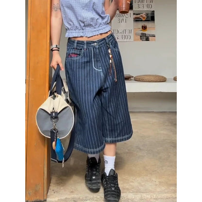 Women's Light Blue Calf Length Cargo Jeans Harajuku Y2k Baggy Denim Trousers Japanese 2000s Oversize Jean Pants Vintage Clothes