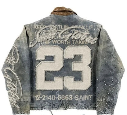 Washed Denim Jacket Y2K Clothes Mens Womens Letter Graphic Patch Embroidery Blue Oversized Jacket