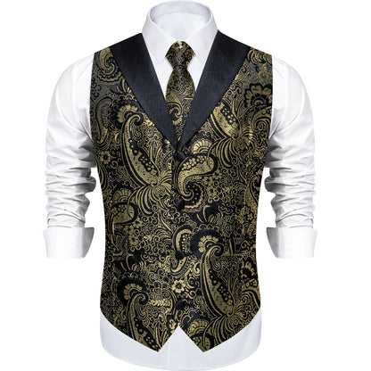 Men's Paisley Silk Suit Vest with Macthing Golden Paisley Neck Tie Handkerchief Cufflinks Wedding Prom Tuxedo Waistcoat