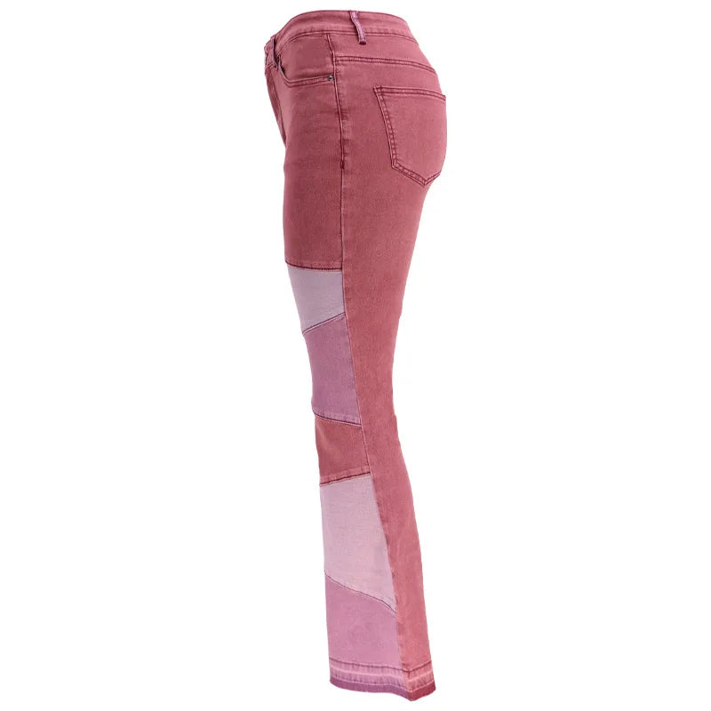 Women Flare Jeans Casual Pants Pannelled Collision High Waist Fit Female High Quality