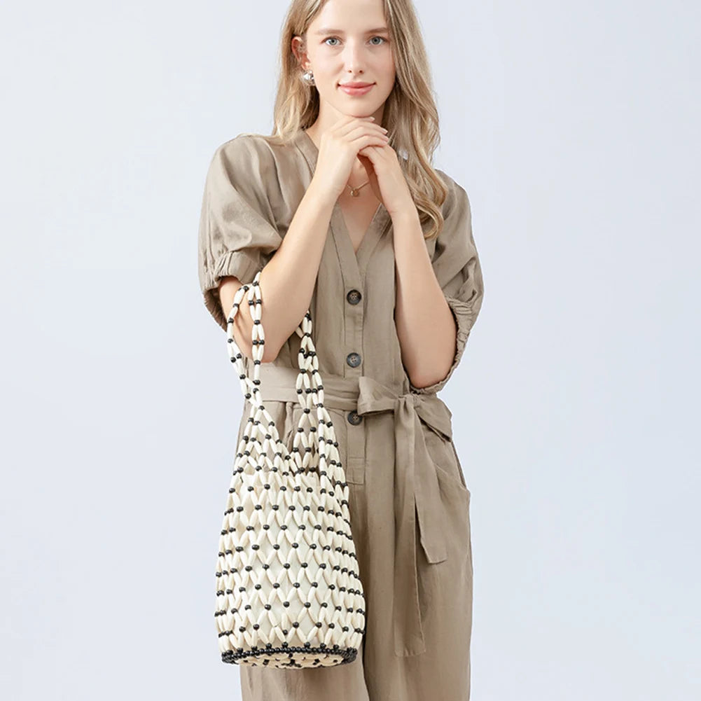 Women Hollow-out Bucket Bags Woven Hand Bag Wooden Bead Shoulder Bags Beach Top-Handle Bags Summer Netted Canvas Tote Handbag
