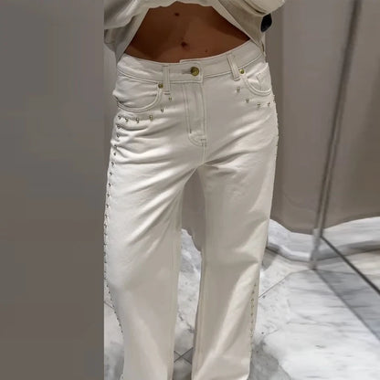 Metal Rivet Wide Leg Jeans Trousers Baggy Low Rise Pockets Denim