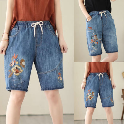 Women Summer Embroidery Self Tie Plus Size Mid Length Pants Artistic Casual Ripped