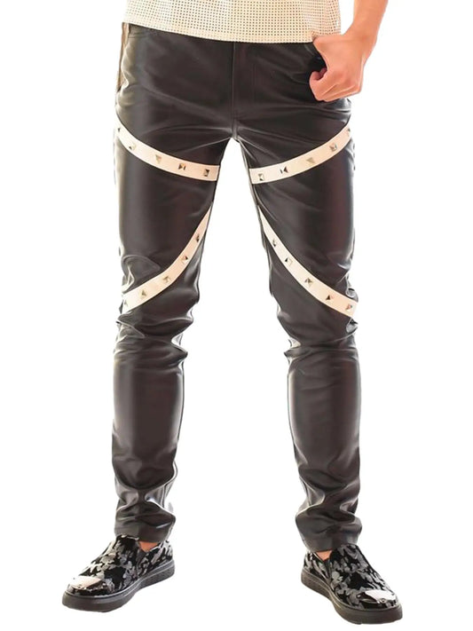 Men's Gothic Rock Punk Biker Slim Faux PU Leather Patchwork Studded Stretch Trousers