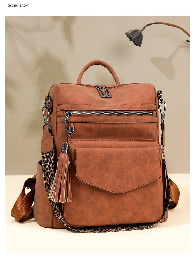 Backpack for Women Large Womens Backpack Leather Purse Designer Ladies Shoulder Bags with Tassel Two-toned Brown
