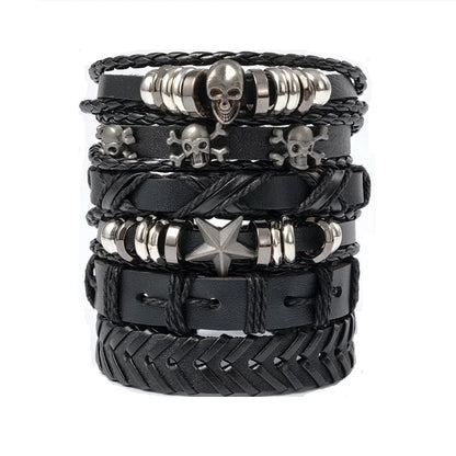 Punk Multilayer Antique Leather Bracelet Set Skull Eye Star Charms Hiphop Rock Y2K Vintage Pu Gothic Wristband Man Goth Jewelry