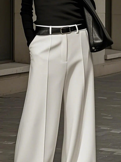 Black White Solid Color Wide Leg Pants Elastic High Waist Simple Trousers No Belt