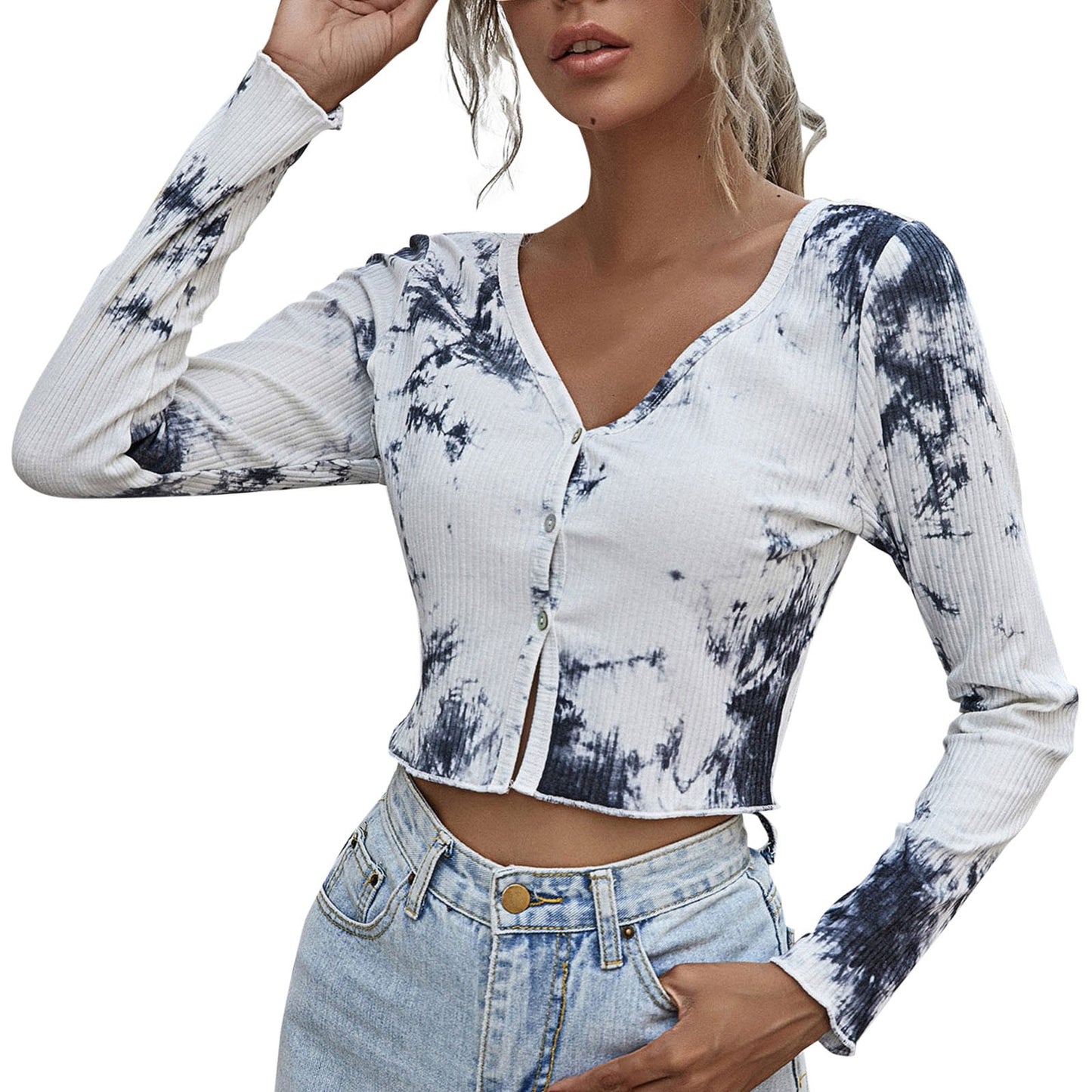 Tie Dye Ruched Crop Top V-neck Long Sleeve Ruffles Hem T-Shirt