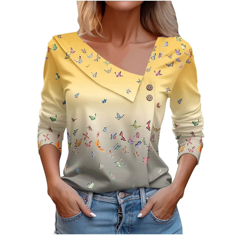 T Shirt For Women Fashion Long Sleeve Top White Floral Print Shirt