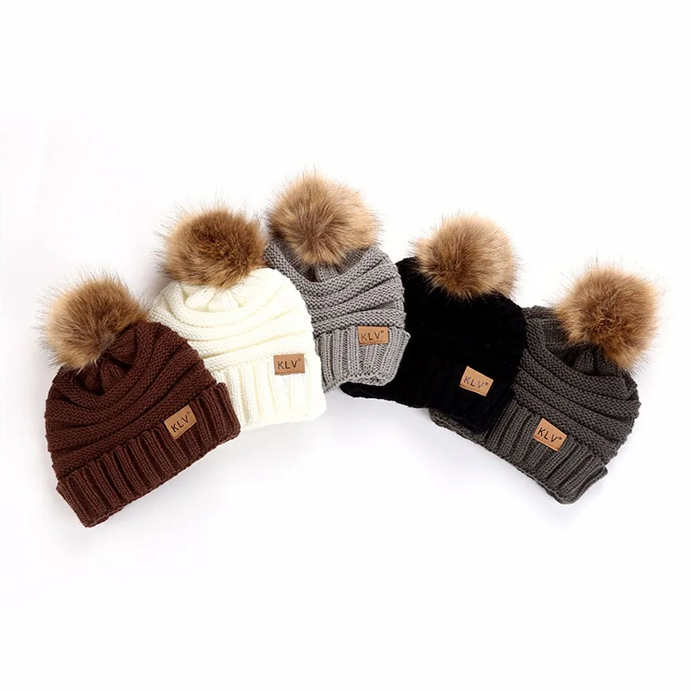 Cute Print Embroidery Beanies For Women Men Winter Wool Warm Fur Pompom